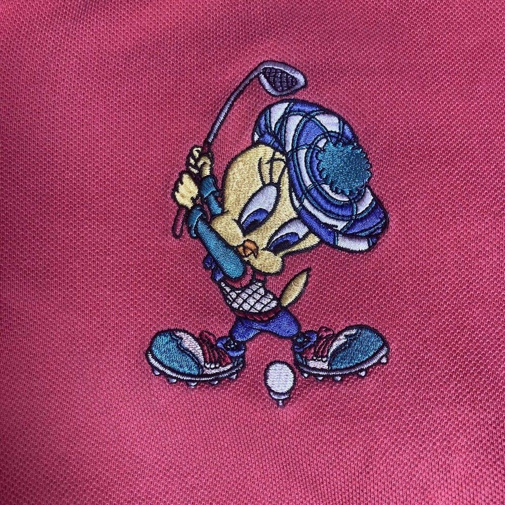 VTG 90s Acme Clothing Looney Tunes Tweety Bird Golfing Embroidered Polo Pink S